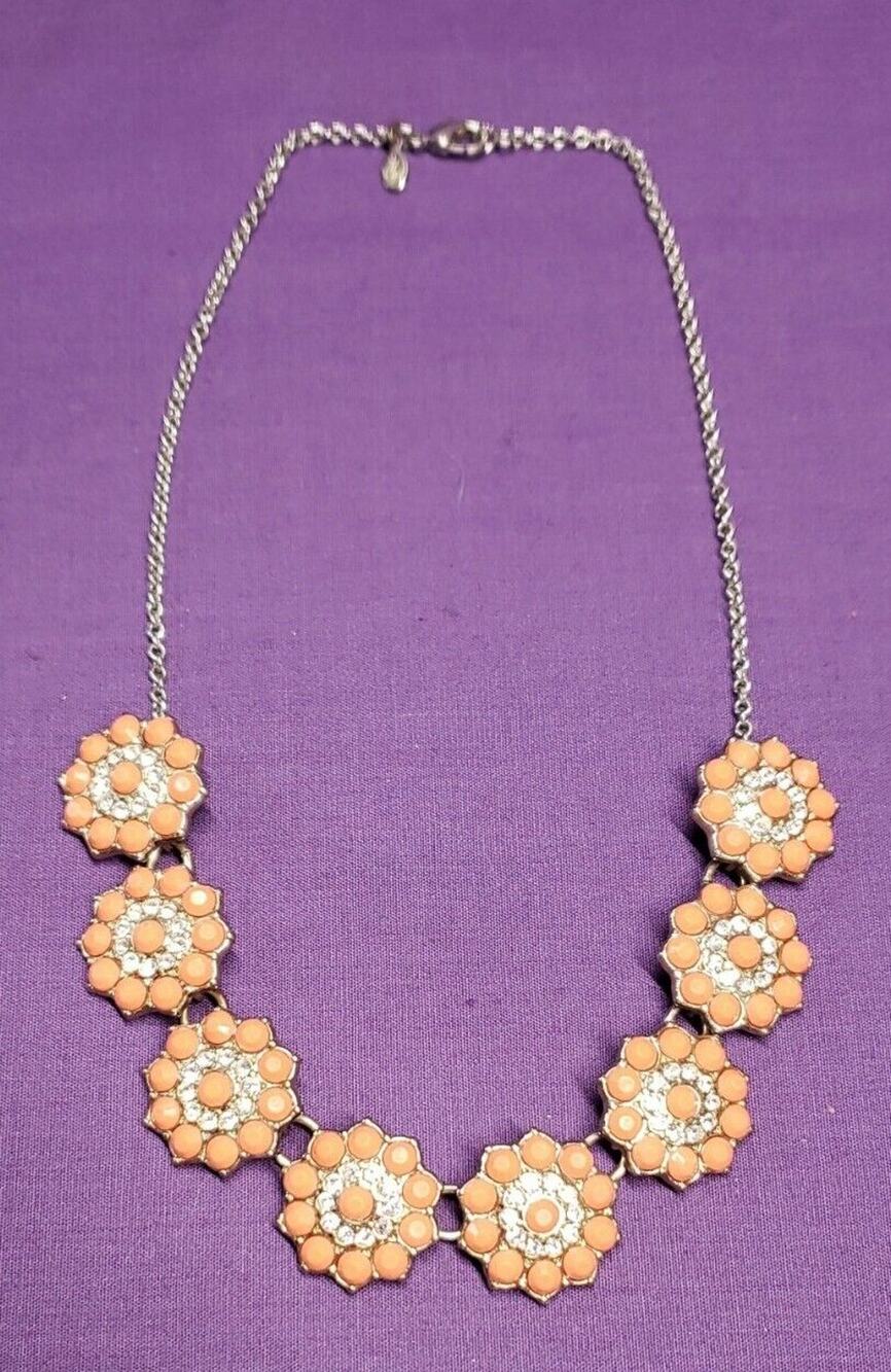 Premier Designs Coral Colored Flower Station Necklace, with clear rhinestones
